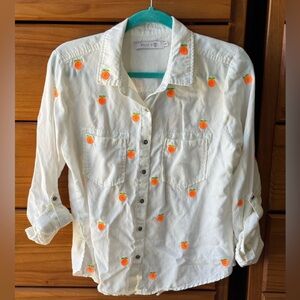 NWOT Women’s Billy T Orange Embroidered White Lyocell Linen Shirt Long Sleeve
